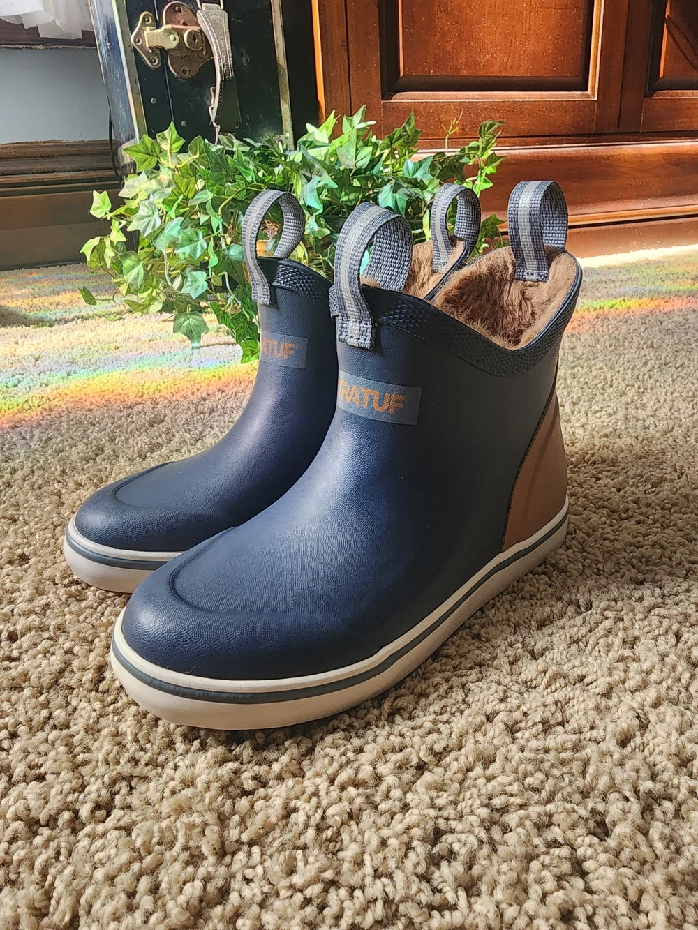 Xtratuf Navy Faux Fur Lined Waterproof Pull-On Boots With Tan Accents - Picture 1 of 11